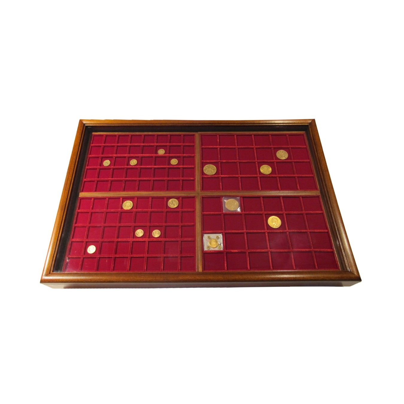 VETRINA COMPLETA DI 4 VASSOI LINEA LEGNO VELLUTO ROSSO