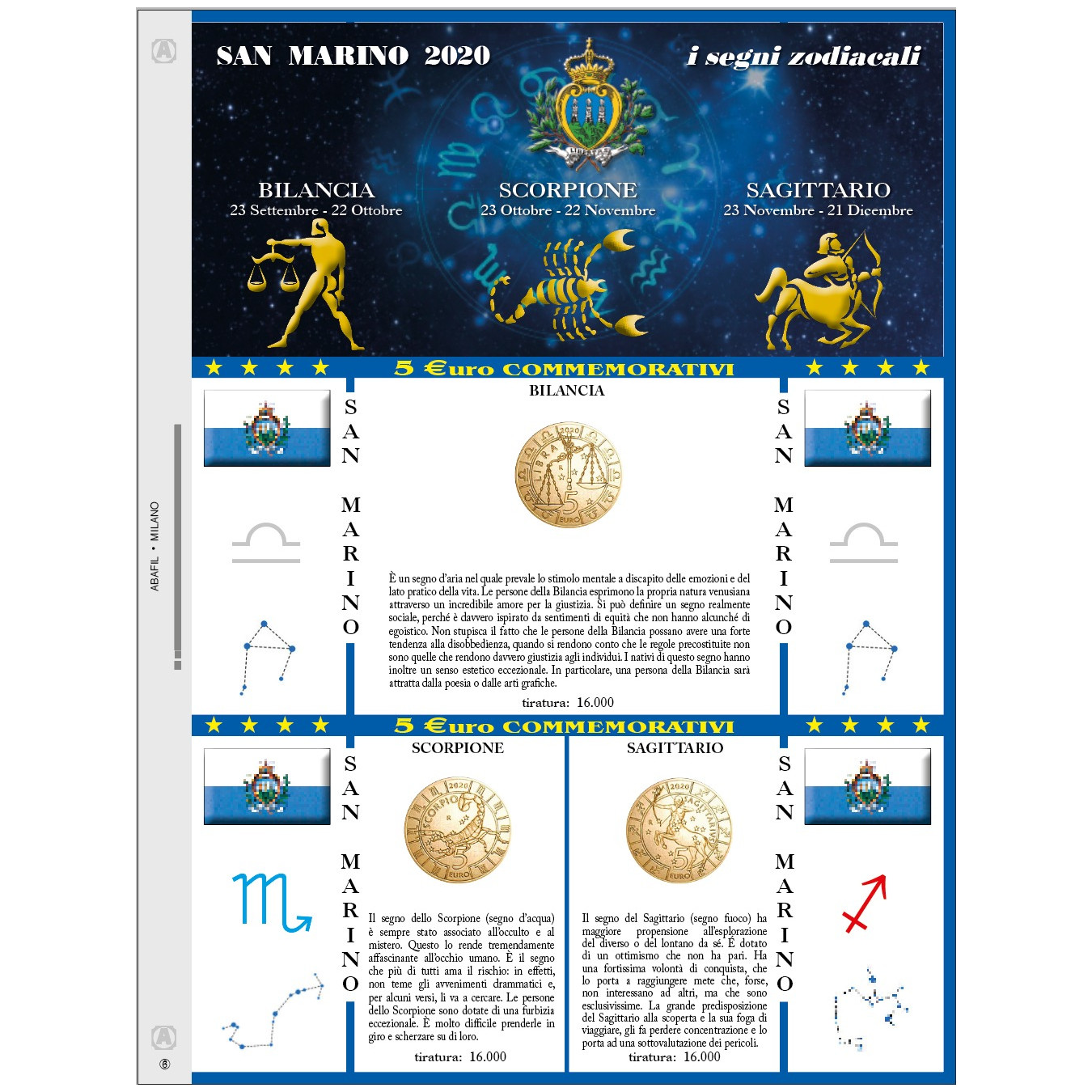 AGGIORNAMENTO 5 EURO SAN MARINO ZODIACO BILANCIA SCORPIONE SAG. 2020
