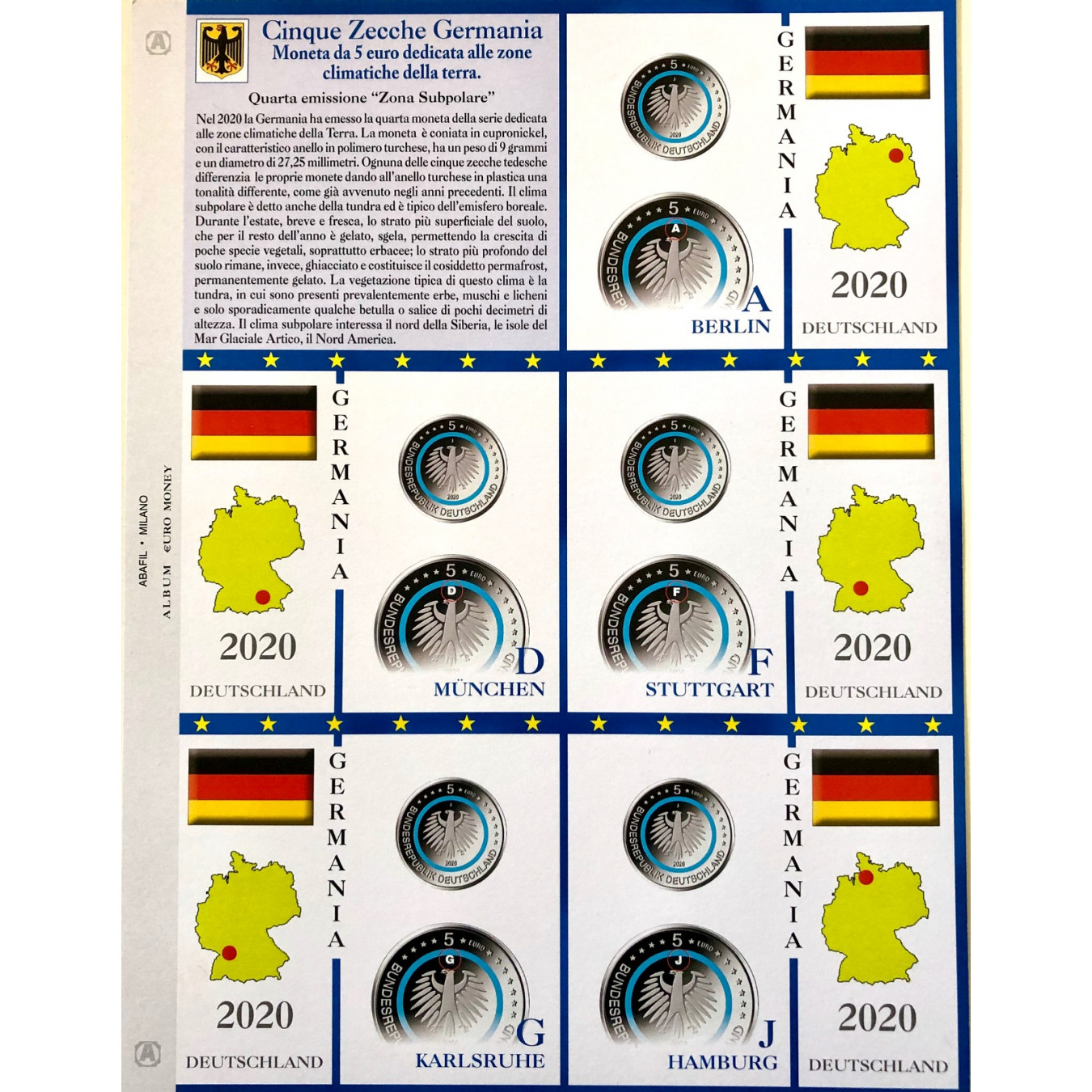 FOGLIO 5 EURO COMMEMORATIVI GERMANIA 5 ZECCHE 2020