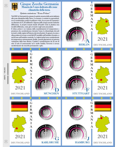 FOGLIO 5 EURO COMMEMORATIVI GERMANIA 5 ZECCHE 2021-5 monete