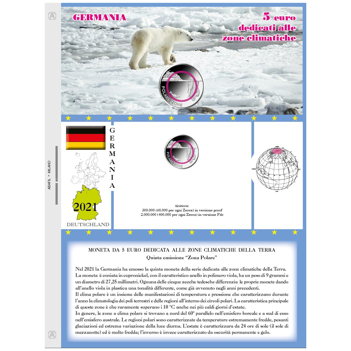 FOGLIO GERMANIA 5 EURO COMMEMORATIVI 2021 ZONE CLIMATICHE SINGOLO