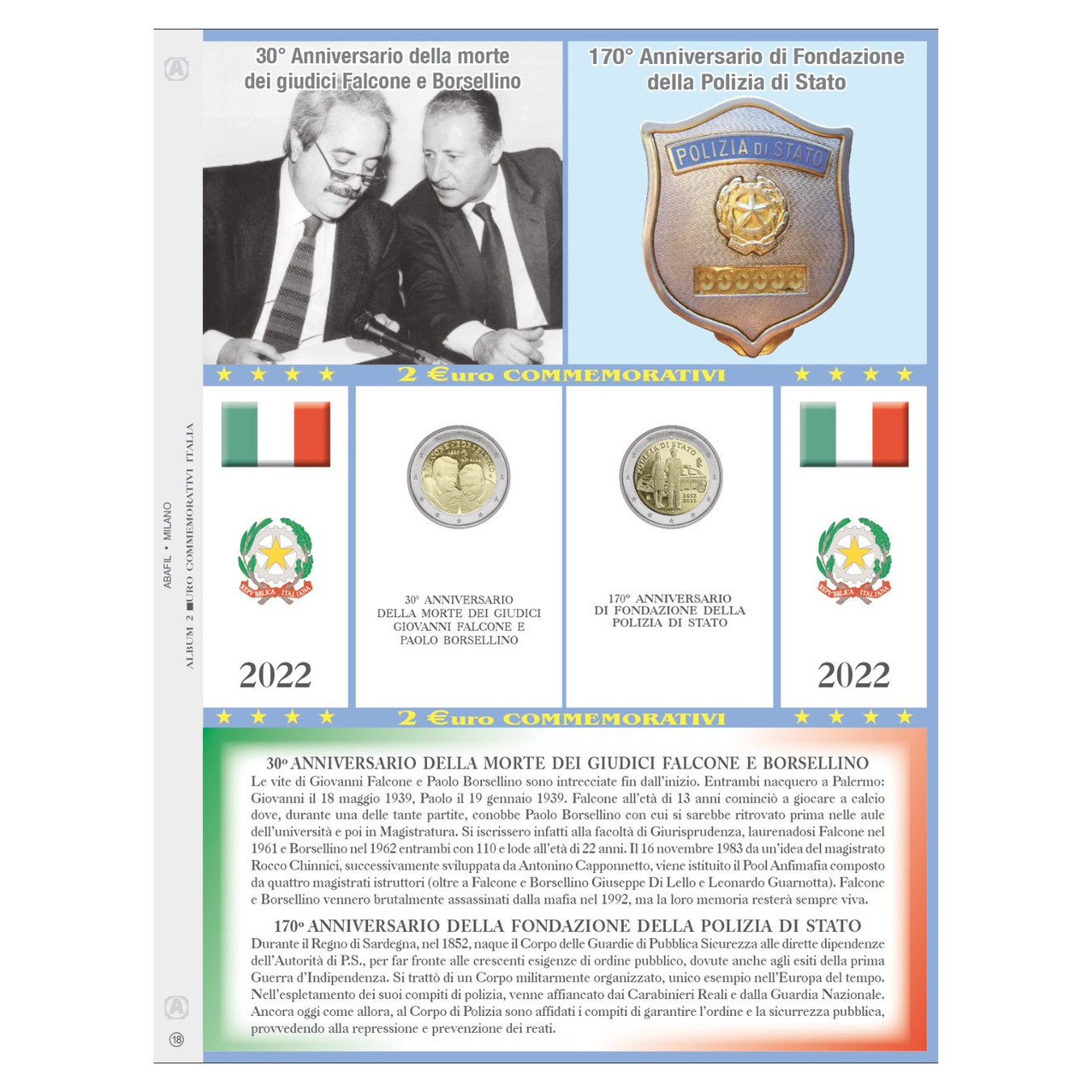 2 EURO COMMEMORATIVI ITALIA 2022 Borsellino - Polizia di Stato - Erasmus