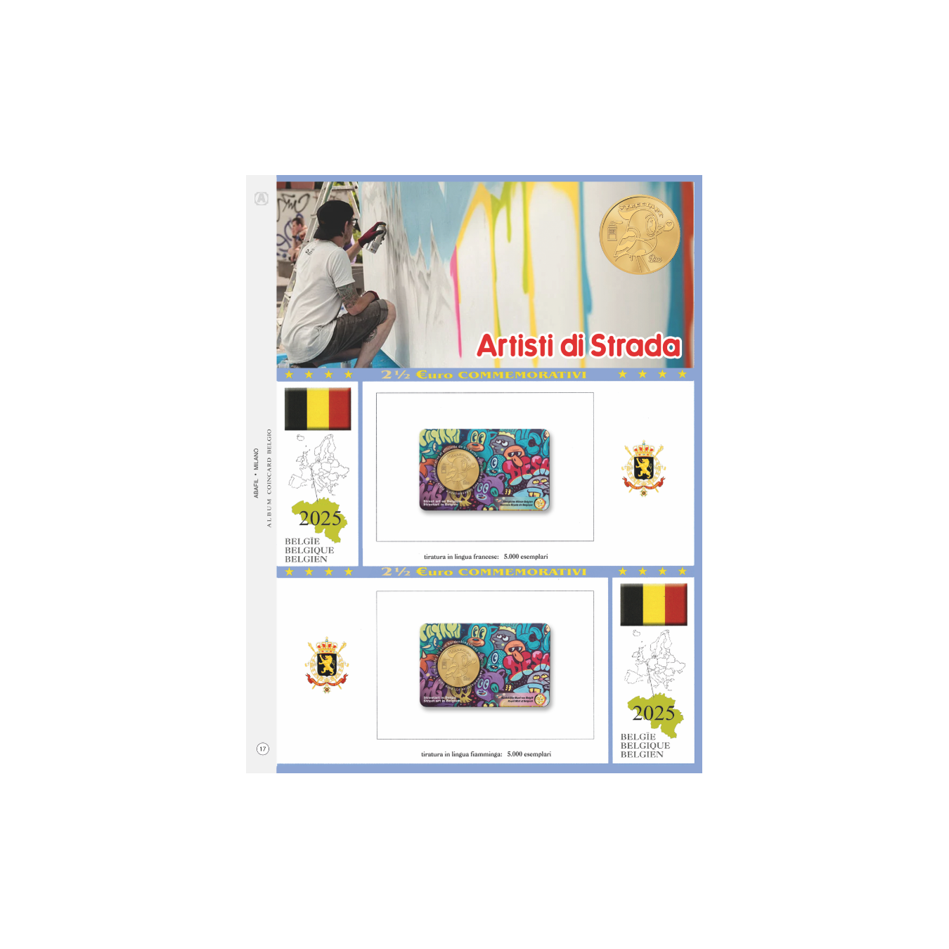 FOGLIO 2 EURO 1/2 COMMEMORATIVI BLISTER DOPPIO BELGIO 2025 - Artisti di strada